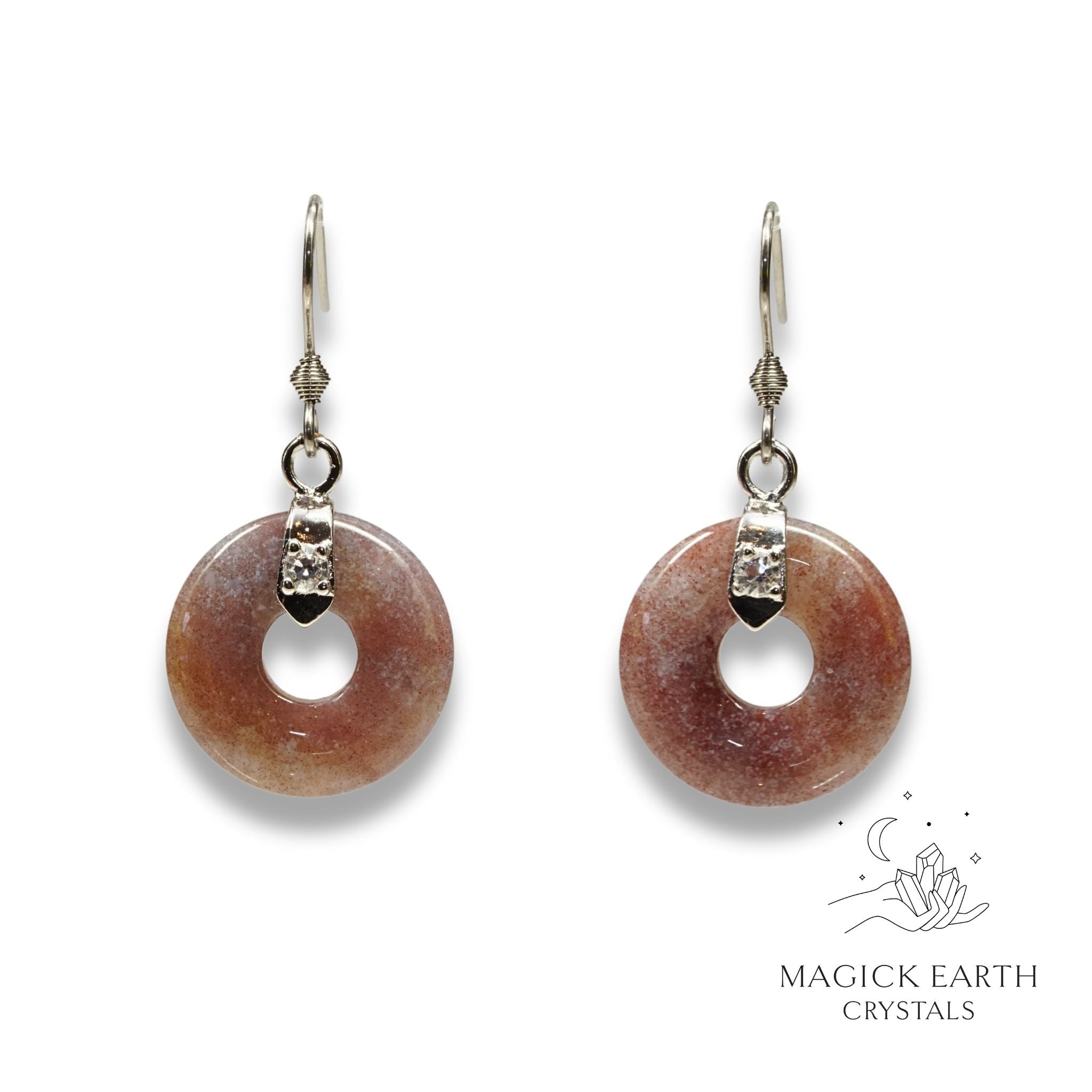 Indian Agate Donut Pi Earrings With Platinum Finish For Tranquil Strength