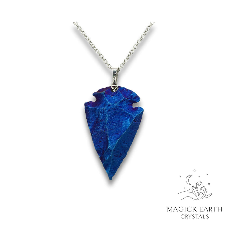 Electroplated Quartz Arrowhead pendant with Indigo Colouring and Platinum Finish for Amplified Insight. Back View