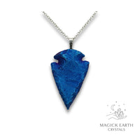 Electroplated Quartz Arrowhead pendant with Indigo Colouring and Platinum Finish for Amplified Insight. Front View