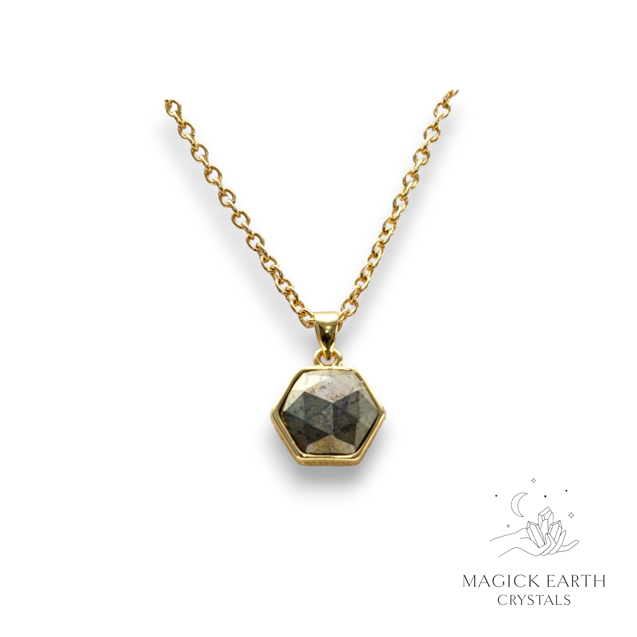Natural Iron Pyrite faceted hexagon crystal pendant