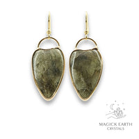 Natural Labradorite charmed heart crystal earrings with decorative gold edging view a