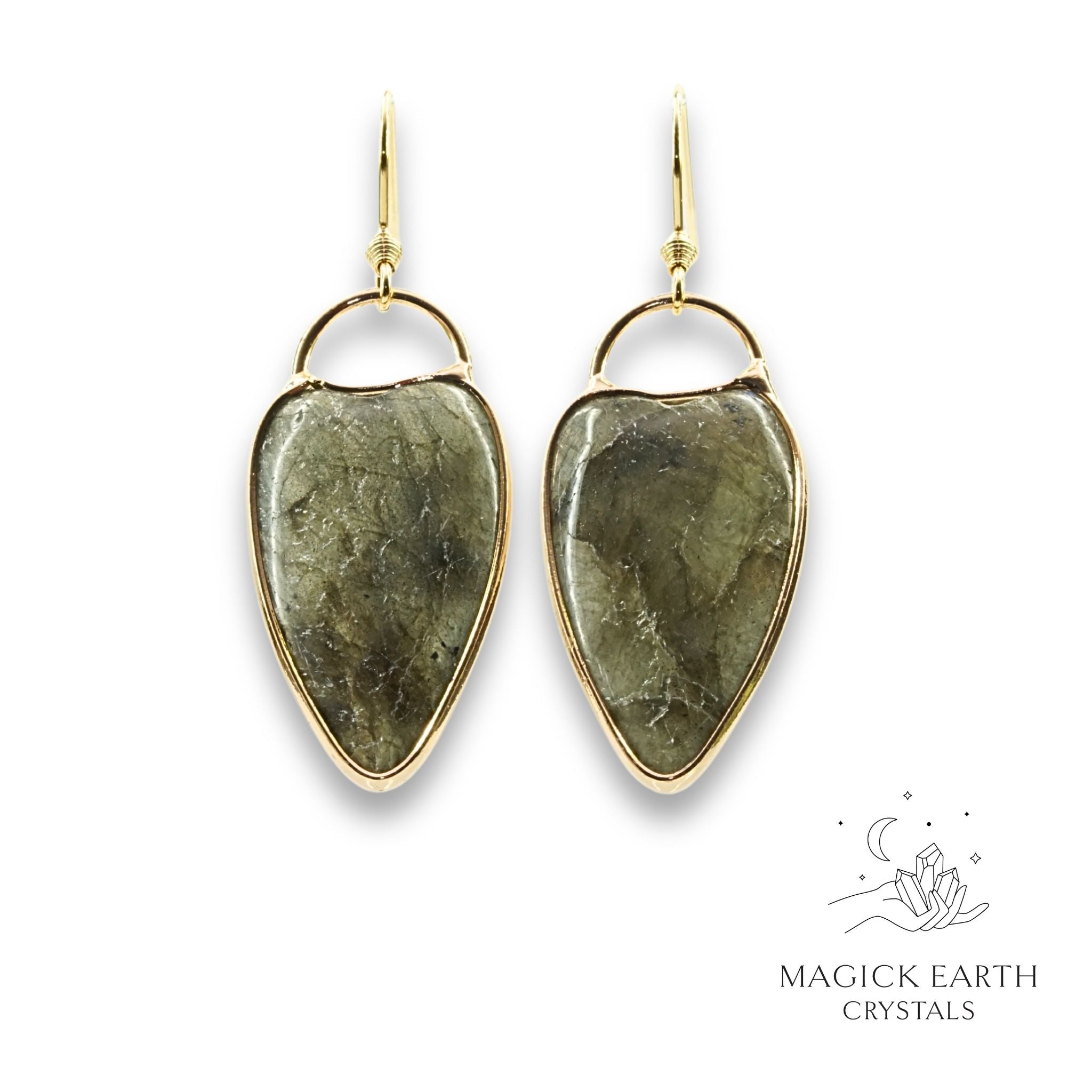 Natural Labradorite charmed heart crystal earrings with decorative gold edging view a