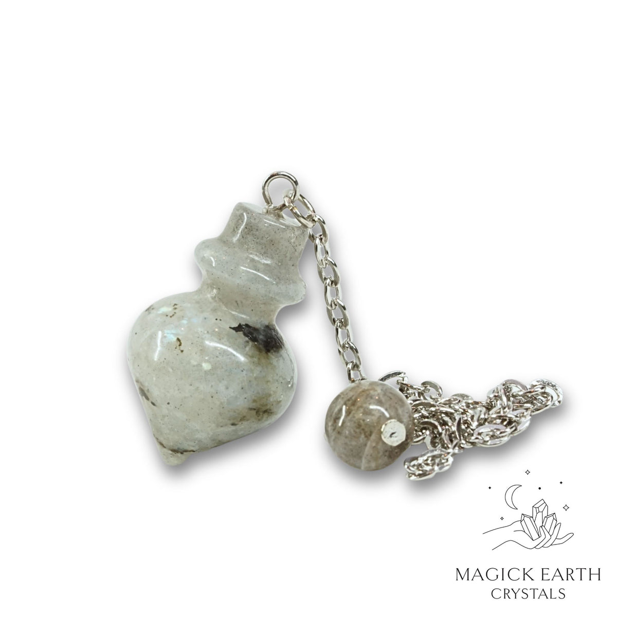 Natural Labradorite crystal flask pendulum view a