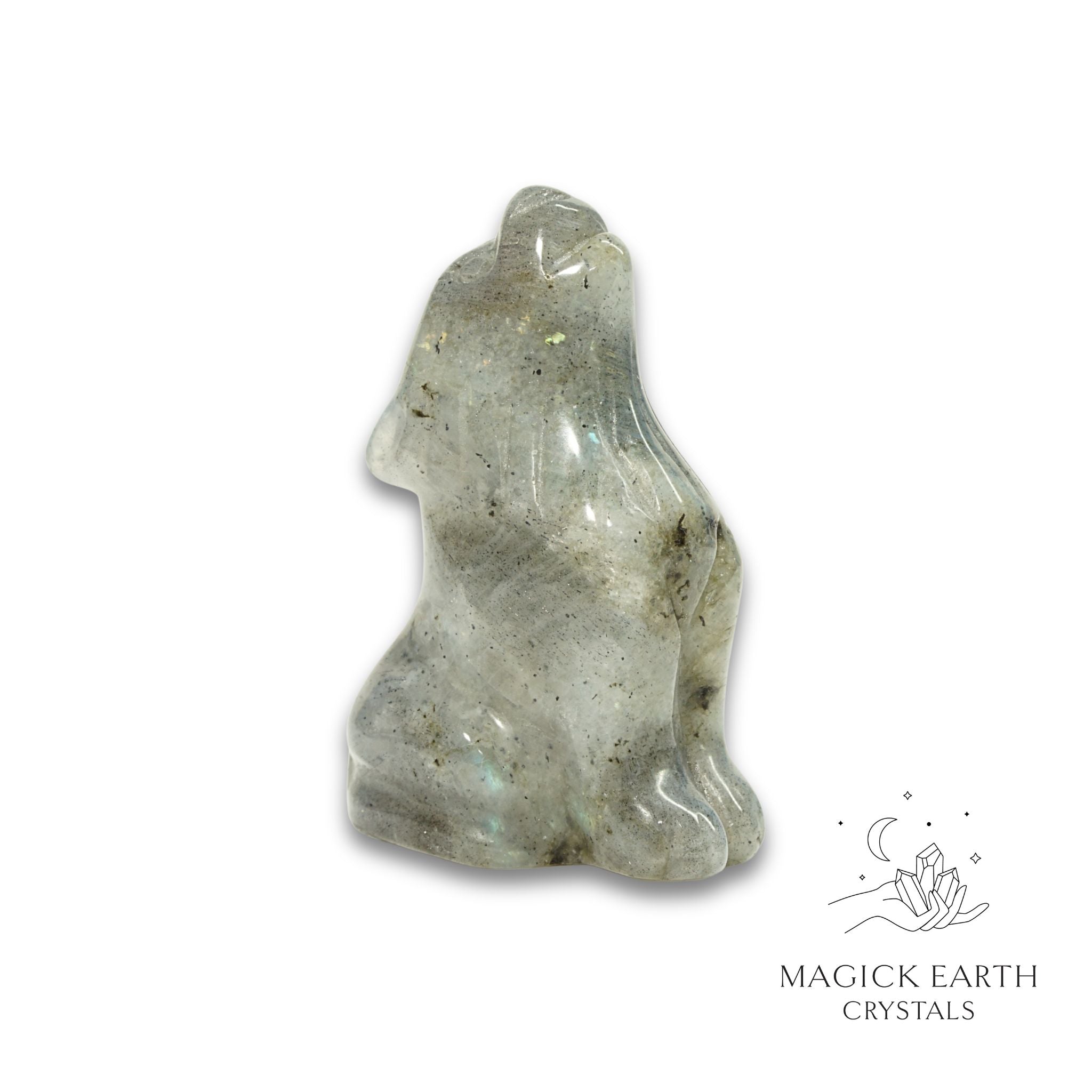 Natural Labradorite crystal wolf figurine view a