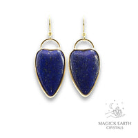 Natural Lapis Lazuli charmed heart crystal earrings with decorative gold edging view a