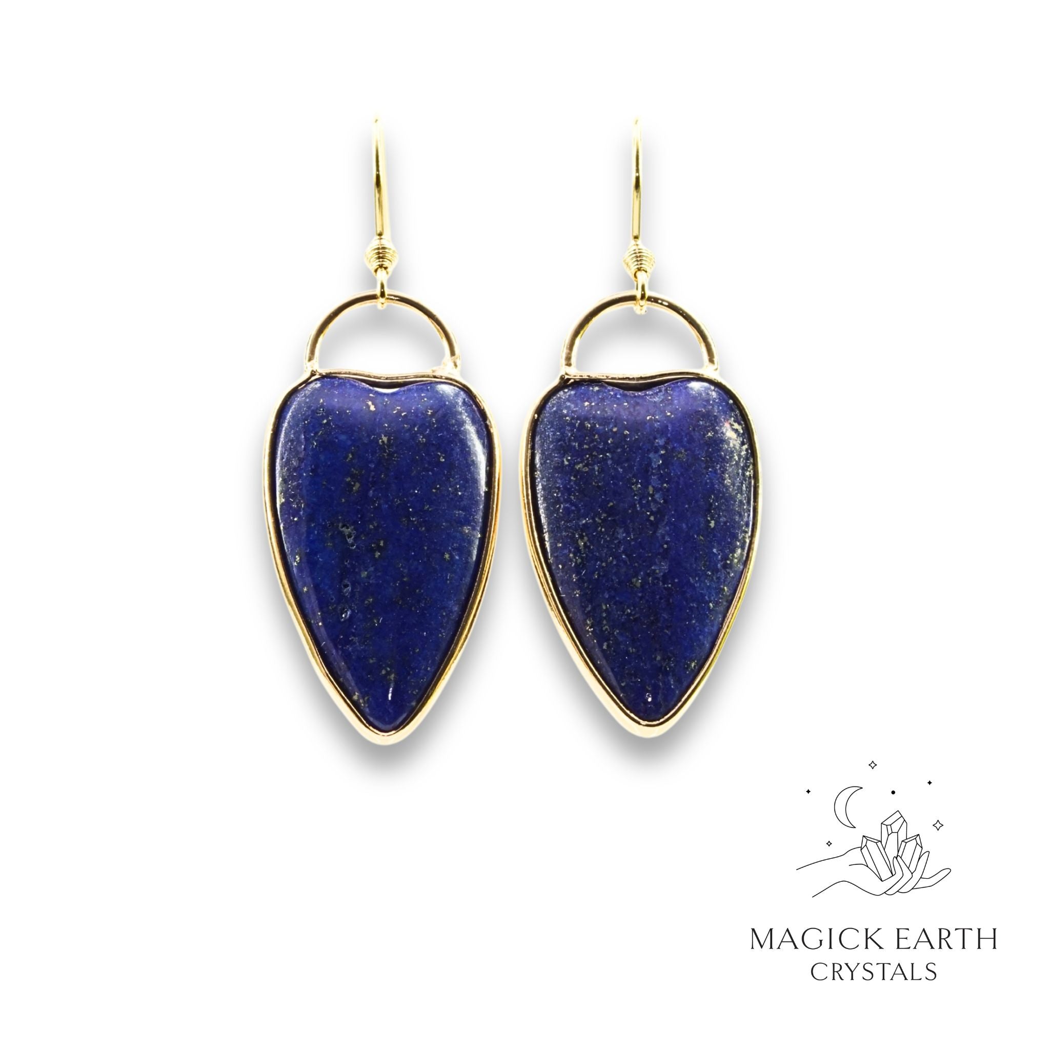 Natural Lapis Lazuli charmed heart crystal earrings with decorative gold edging view a