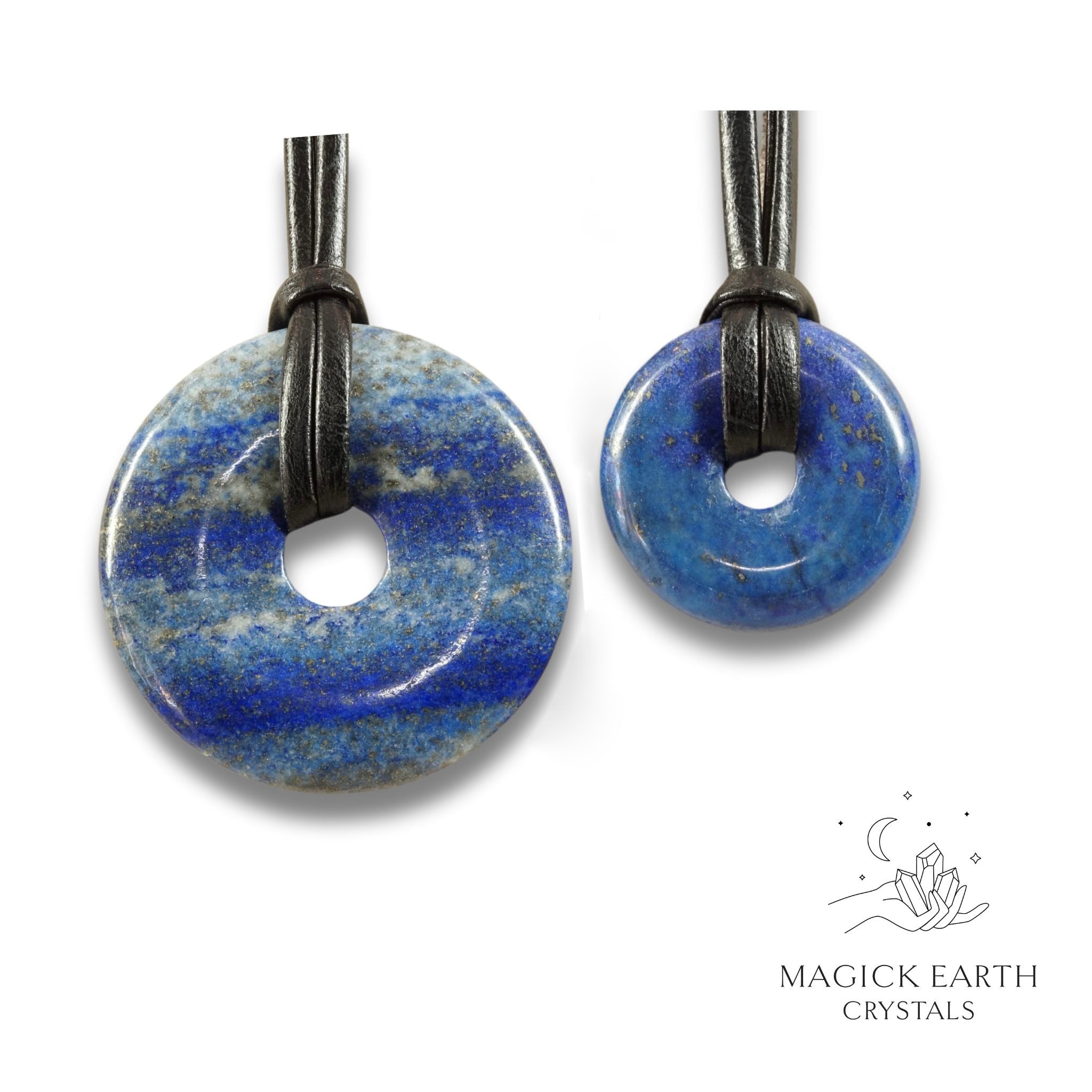 Natural lapis lazuli donut pendants in two sizes hanging from black vegan cords arranged left to right from large to small