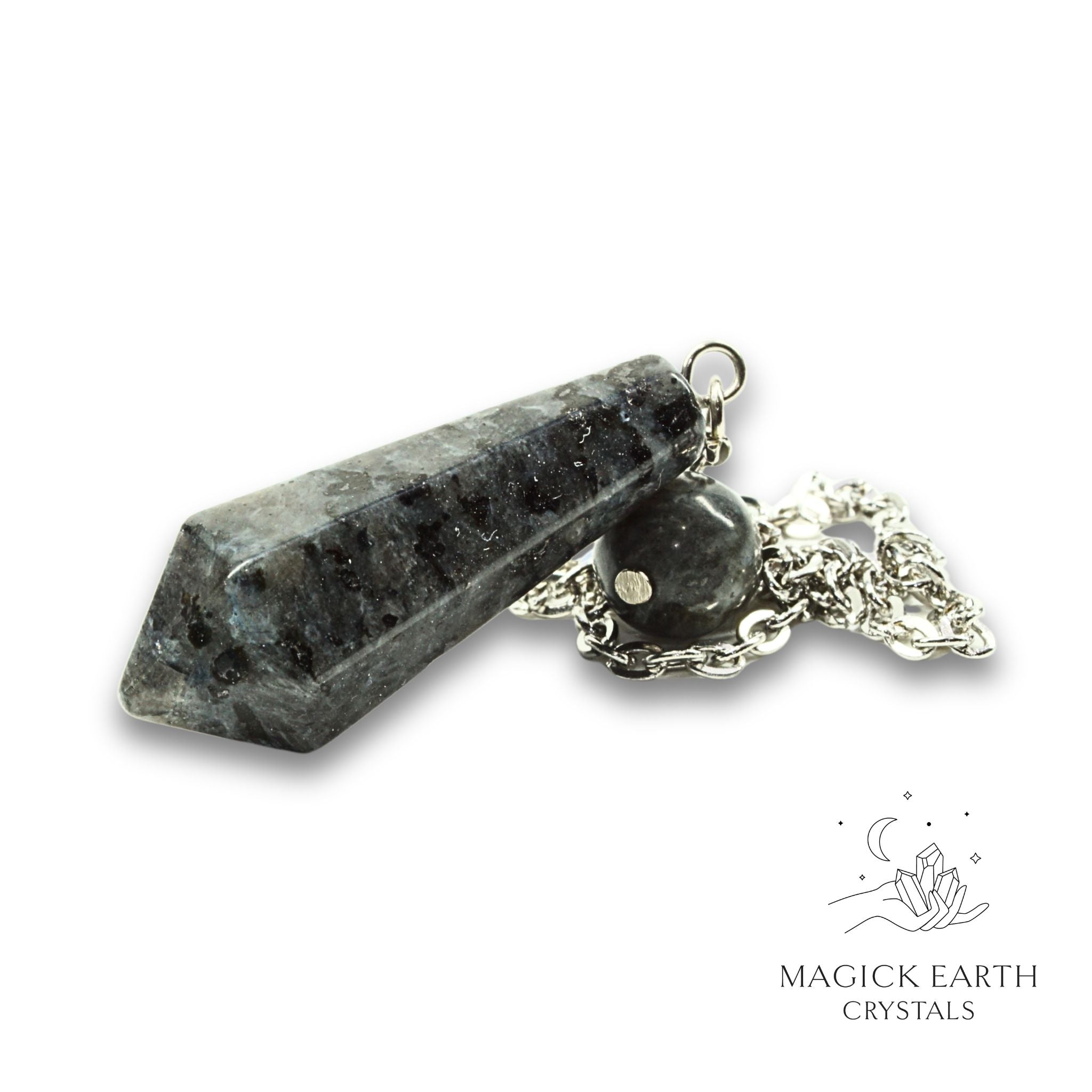 Natural Larvikite crystal bullet pendulum view a