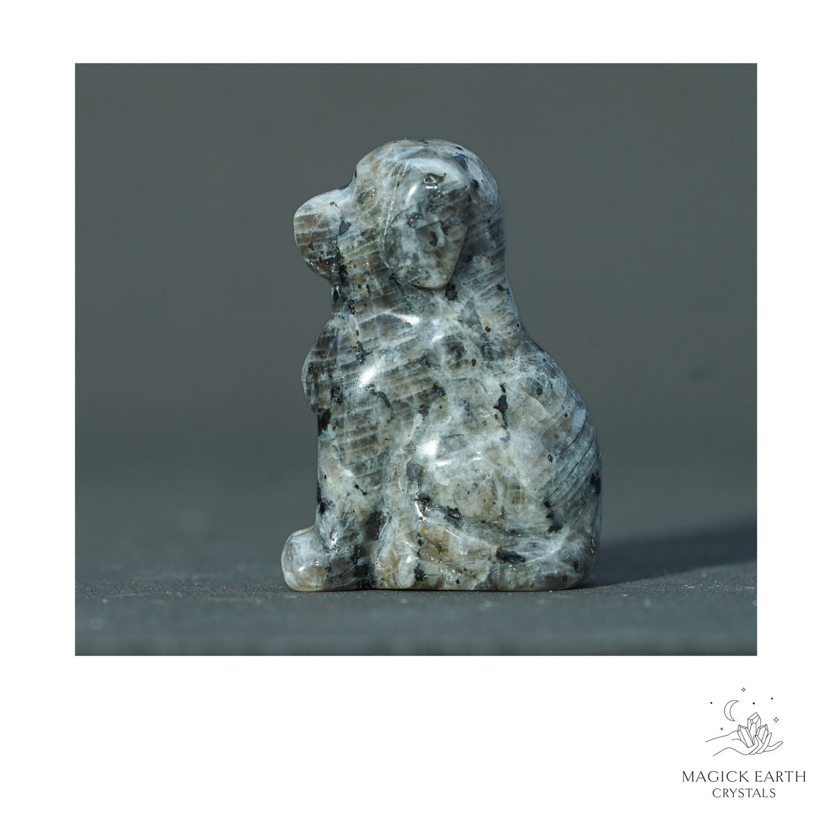 Natural Larvikite crystal dog figurine 40mm view b