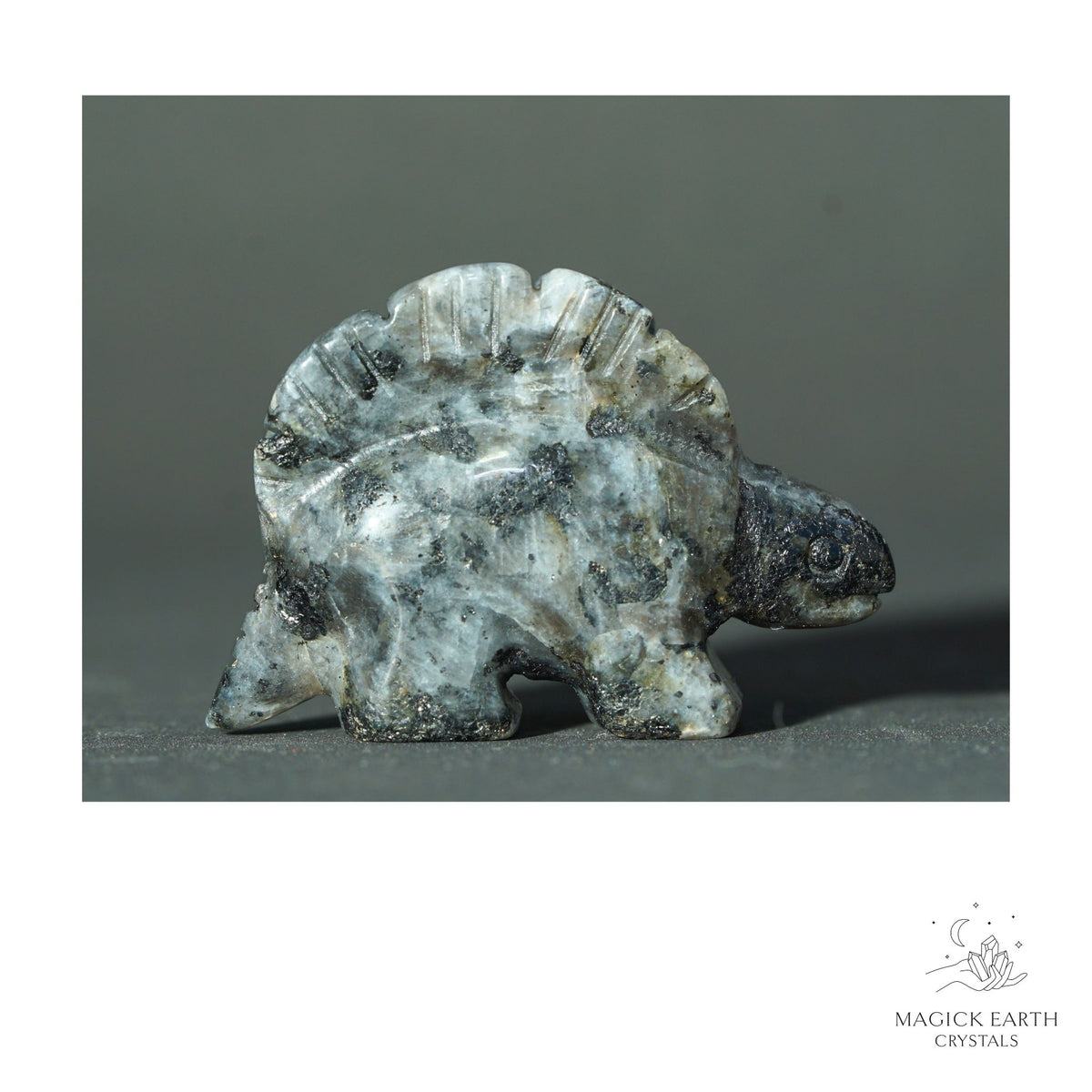 Natural Larvikite crystal stegosaurus figurine view a