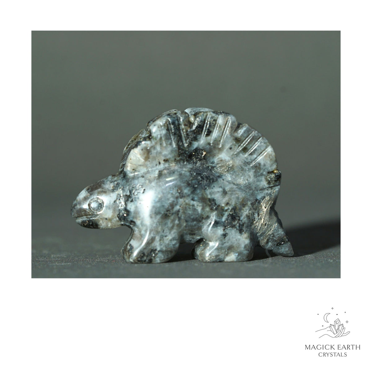 Natural Larvikite crystal stegosaurus figurine view b