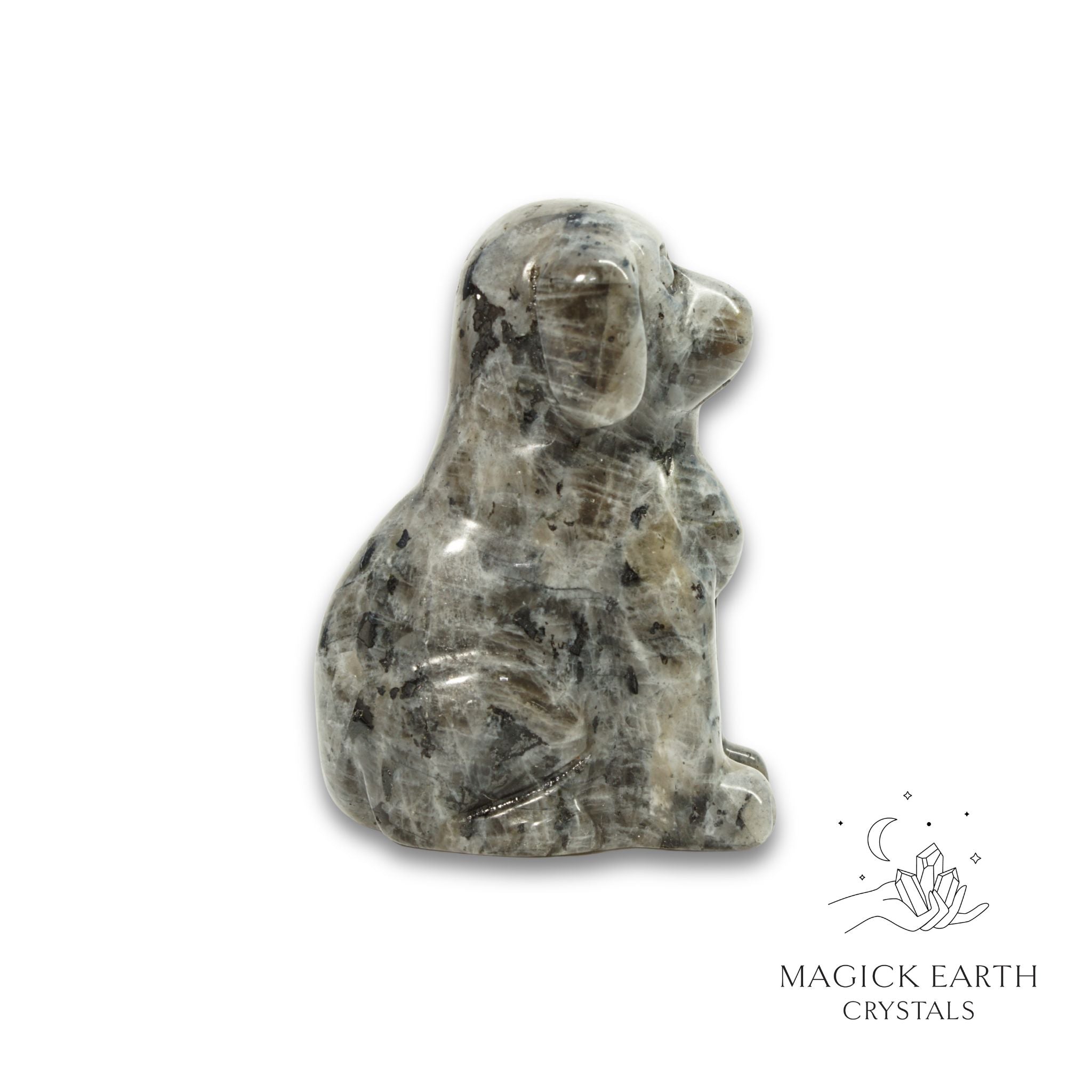 Natural Larvikite crystal dog figurine view a