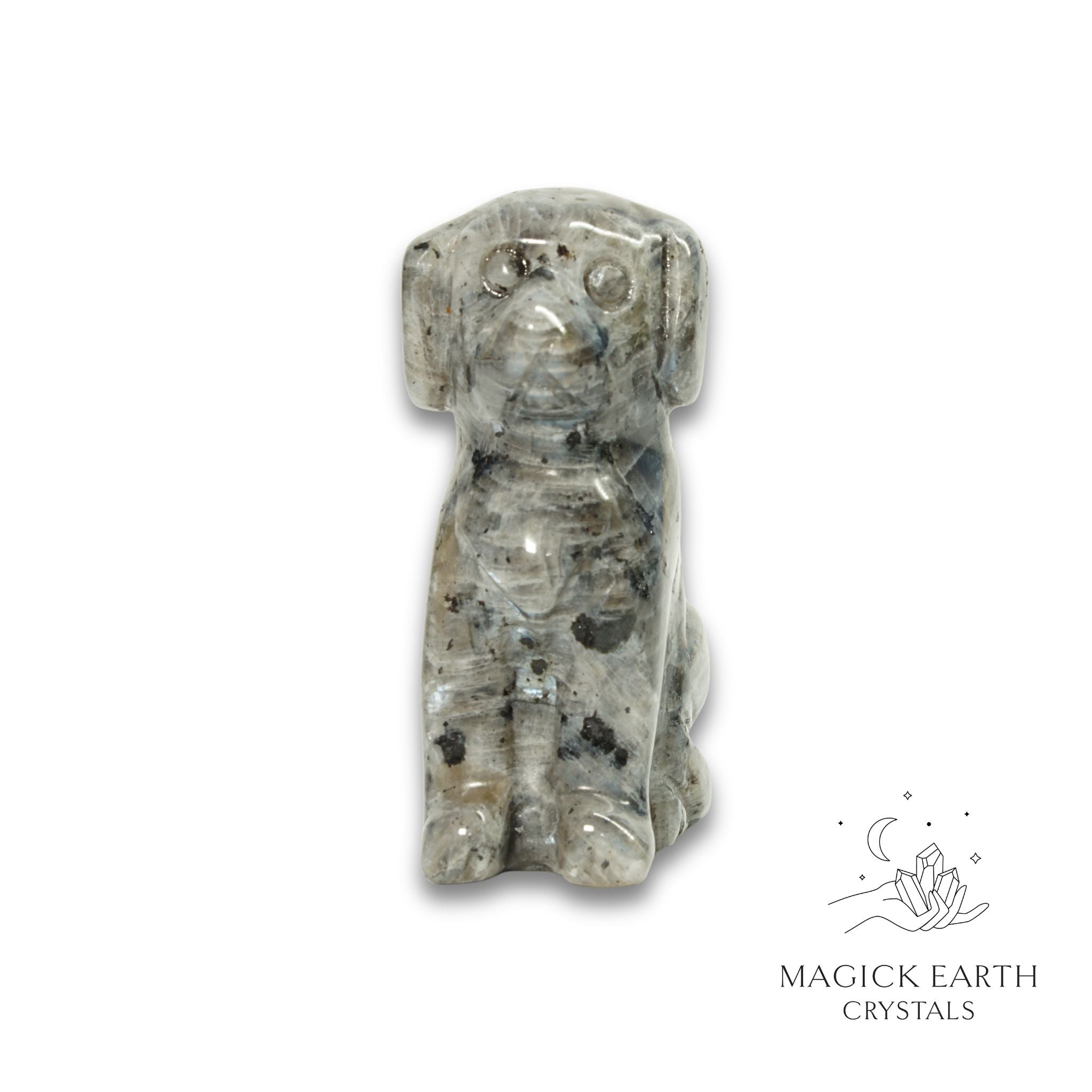 Natural Larvikite crystal dog figurine view c