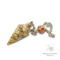 Natural Leopard Skin Jasper spire crystal pendulum view a