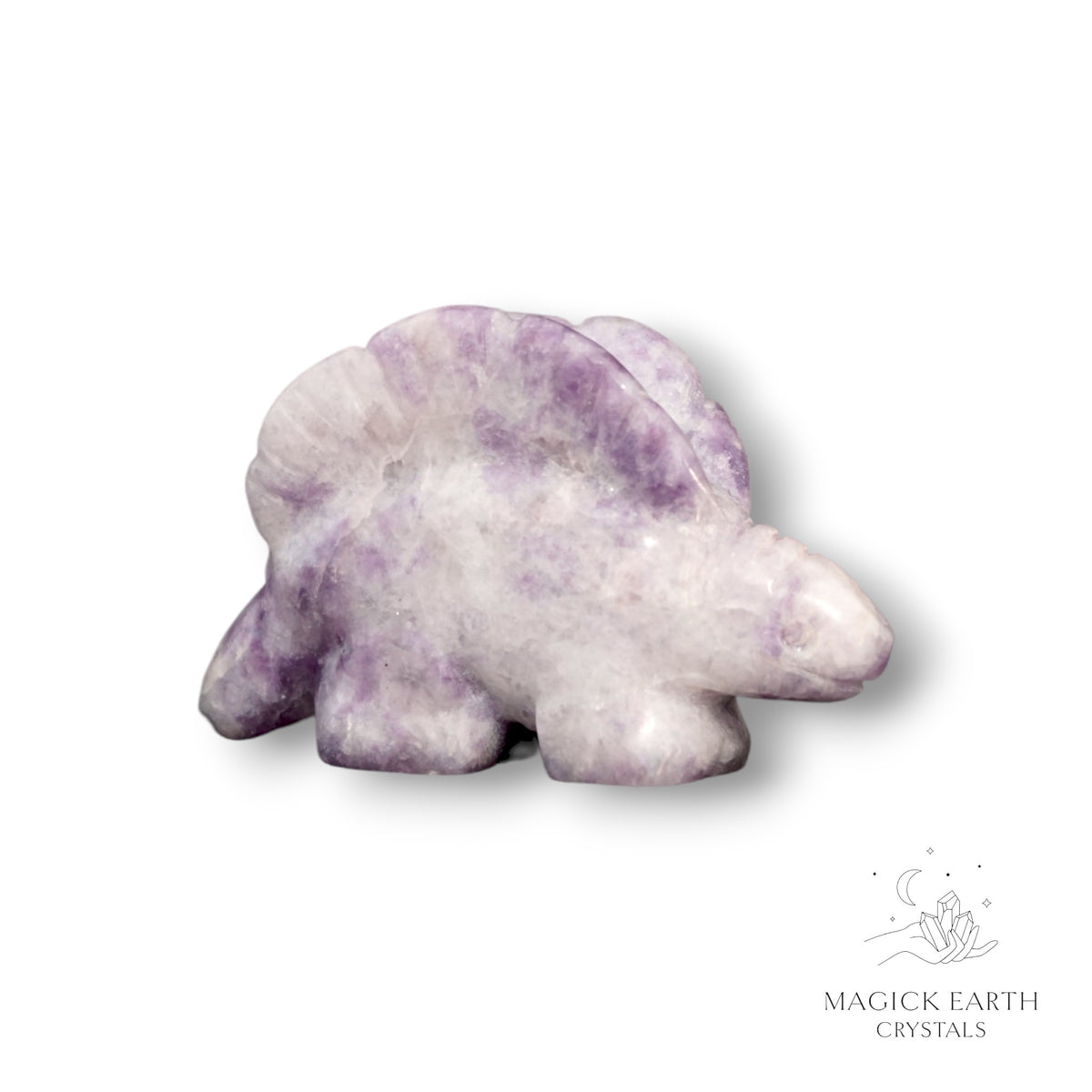 Natural Lepidolite crystal stegosaurus figurine view a