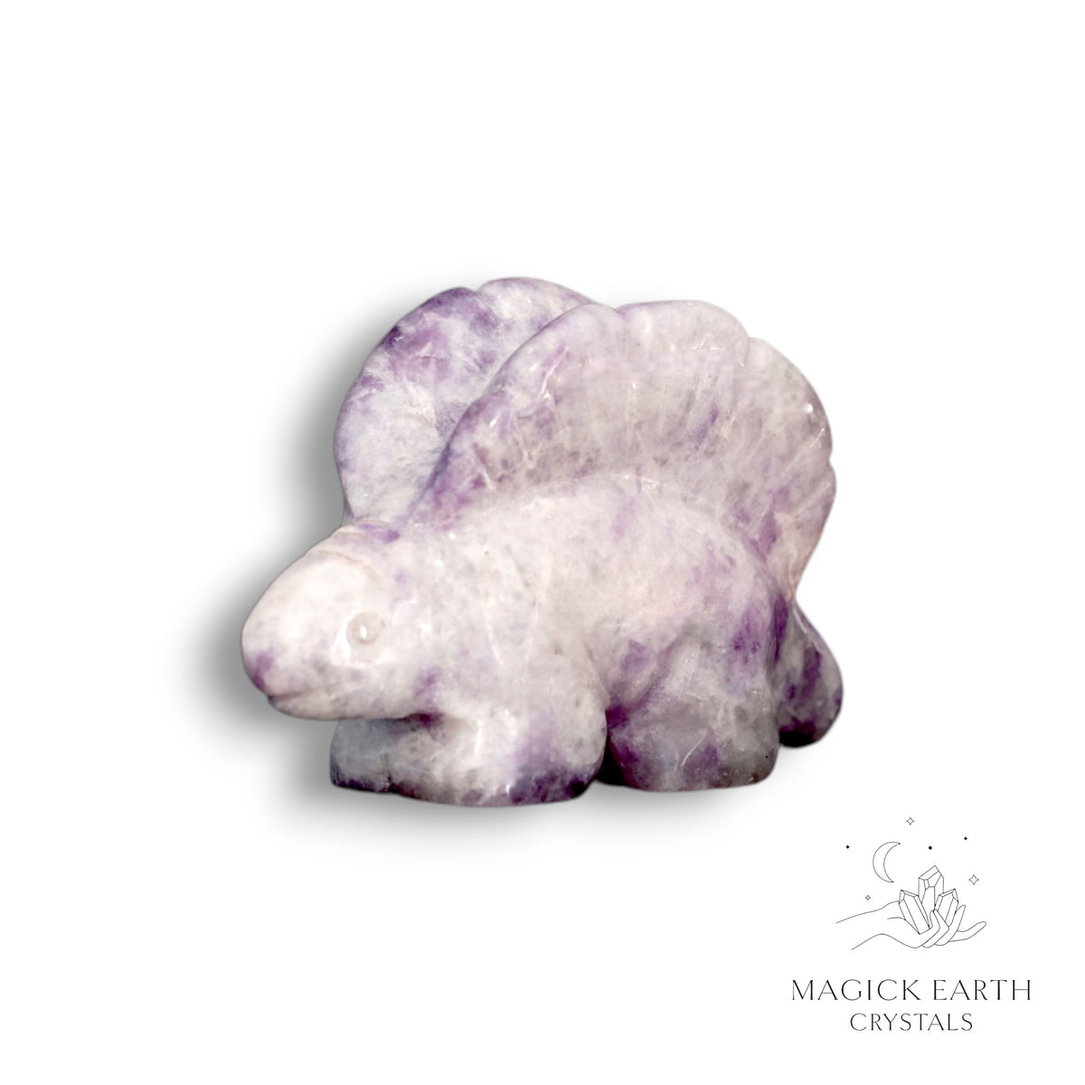 Natural Lepidolite crystal stegosaurus figurine view b