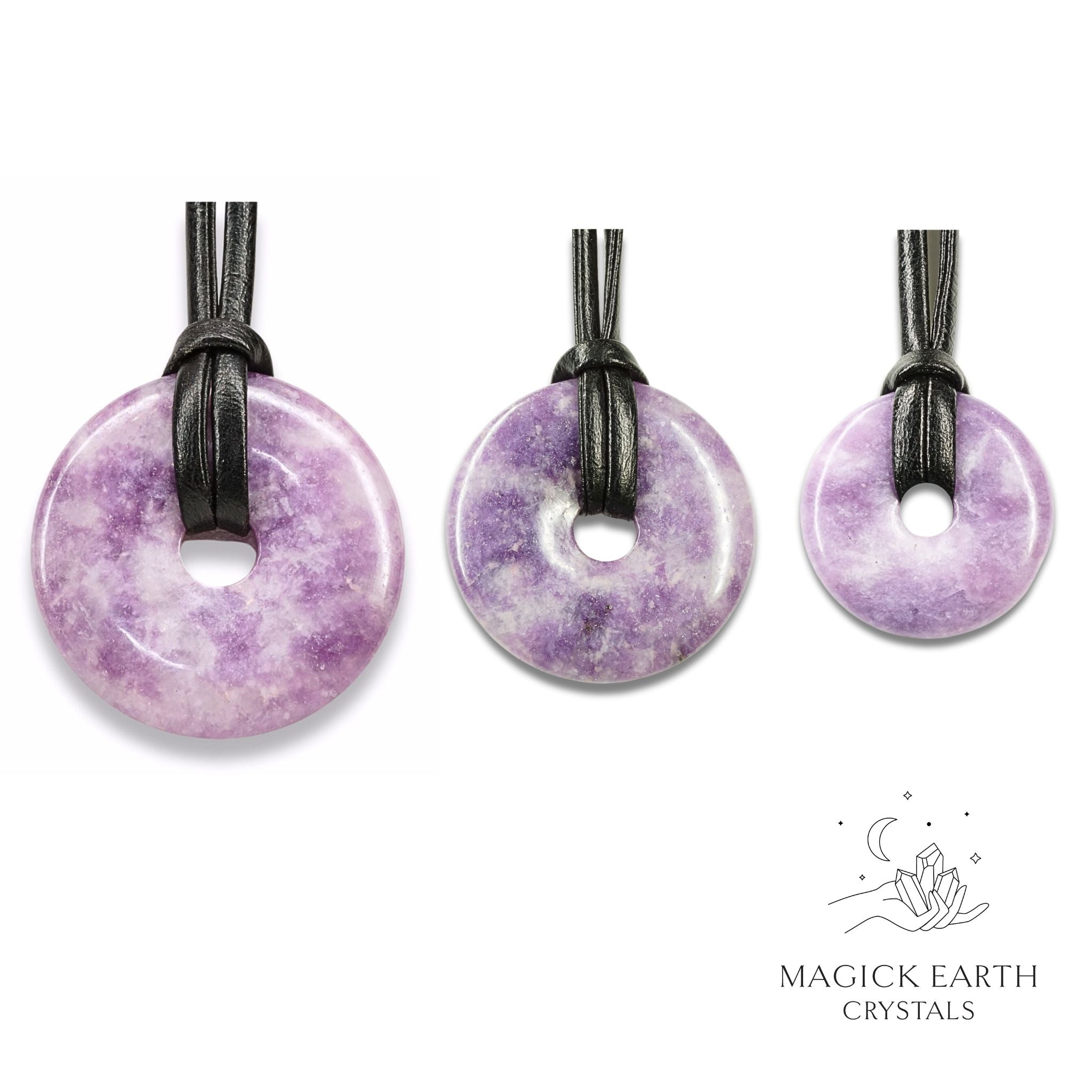 Natural lepidolite donut pendants in three sizes hanging from black vegan cords arranged left to right from large to small