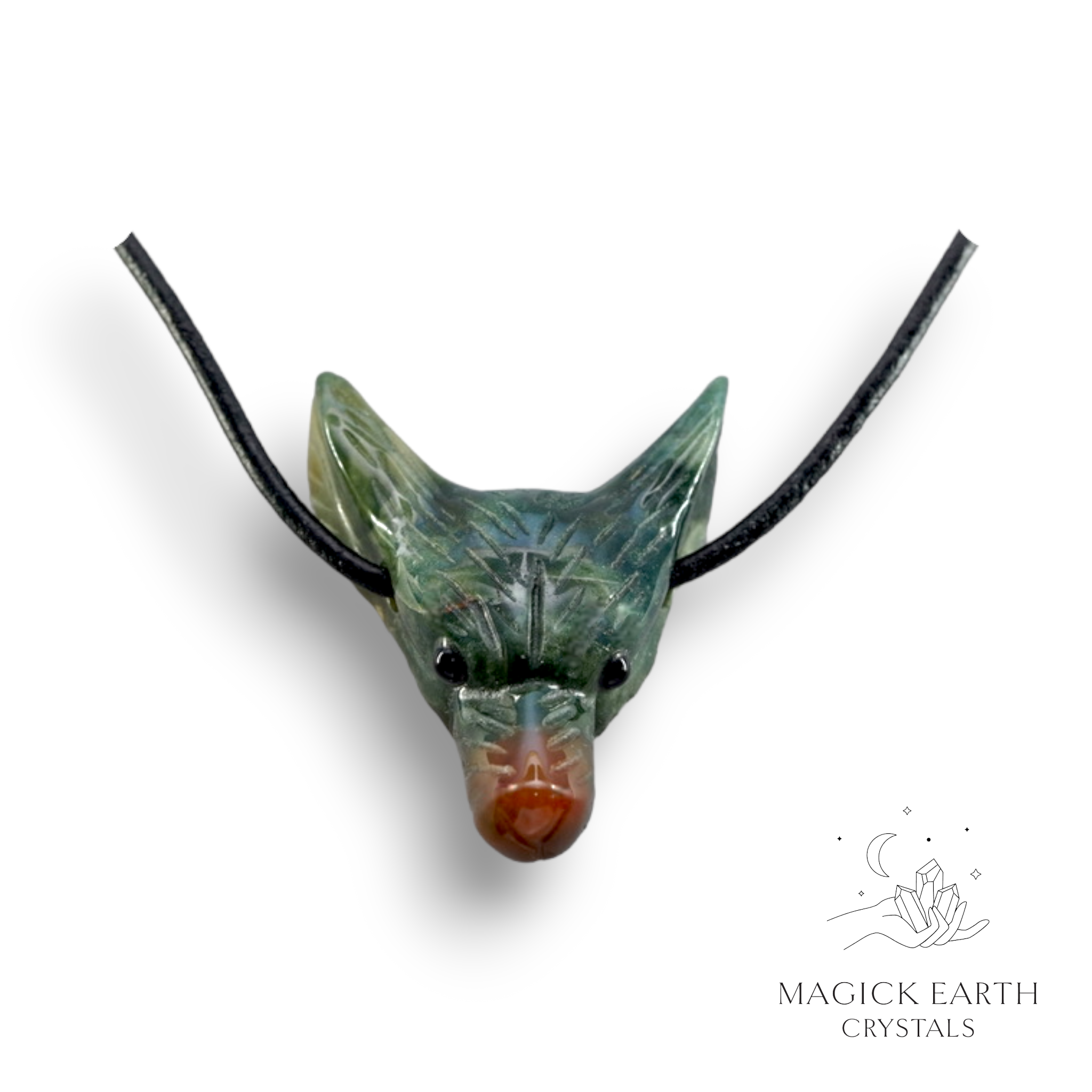Natural lightMoss Agate crystal wolf head pendant with adjustable black leather cord