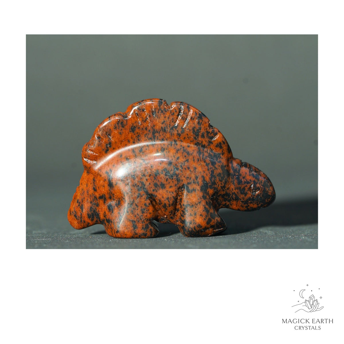 Natural Mahogany Obsidian crystal stegosaurus figurine view a