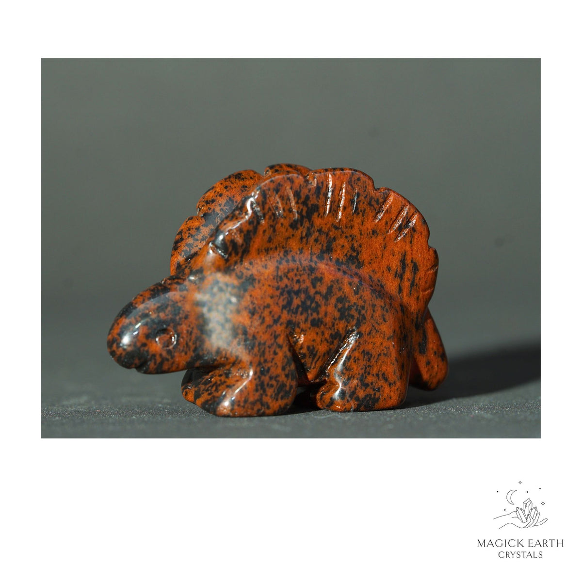 Natural Mahogany Obsidian crystal stegosaurus figurine view b