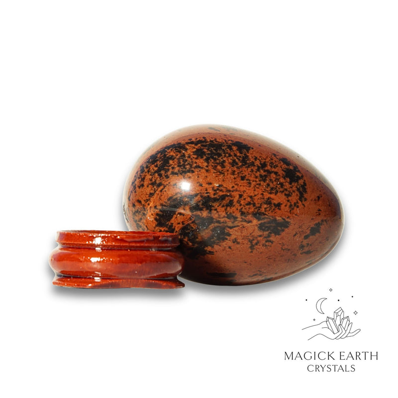 Mahogany Obsidian Crystal Egg with Wooden Stand Horizontal View for Empowered Protection
