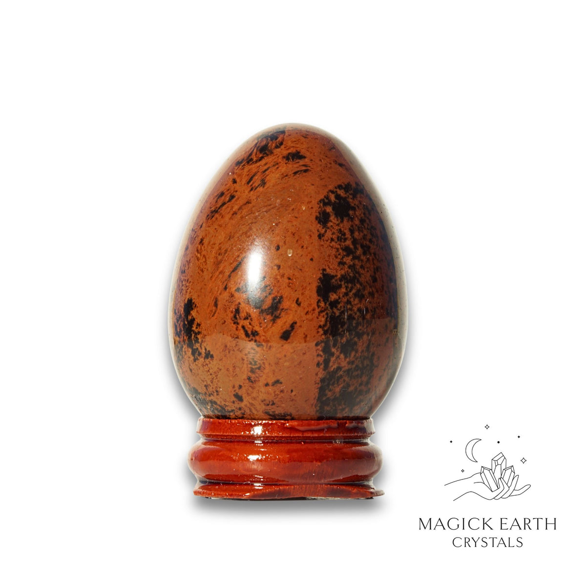 Mahogany Obsidian Crystal Egg with Wooden Stand Vertical View A for Empowered Protection