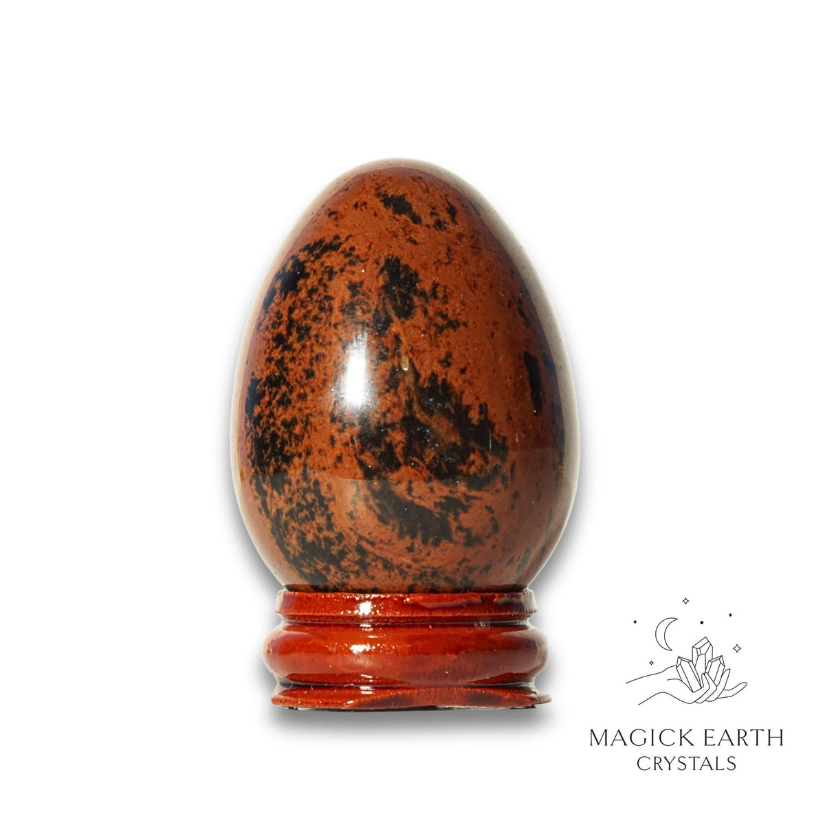 Mahogany Obsidian Crystal Egg with Wooden Stand Vertical View C for Empowered Protection