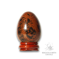 Mahogany Obsidian Crystal Egg with Wooden Stand Vertical View C for Empowered Protection