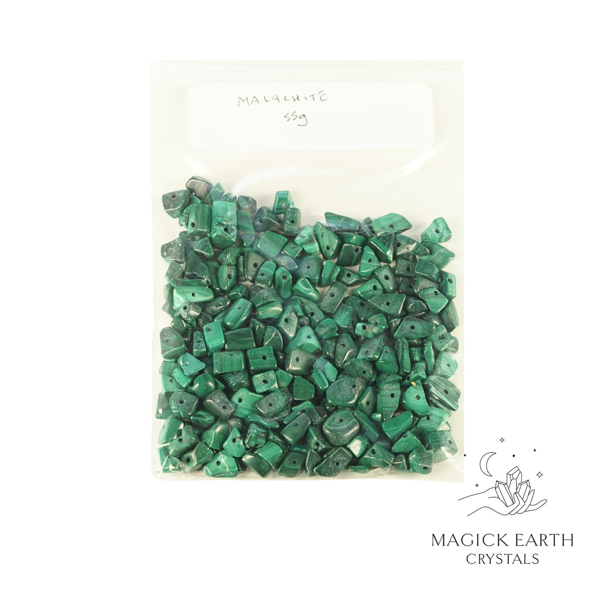 Natural Malachite drilled crystal chips 55g bag