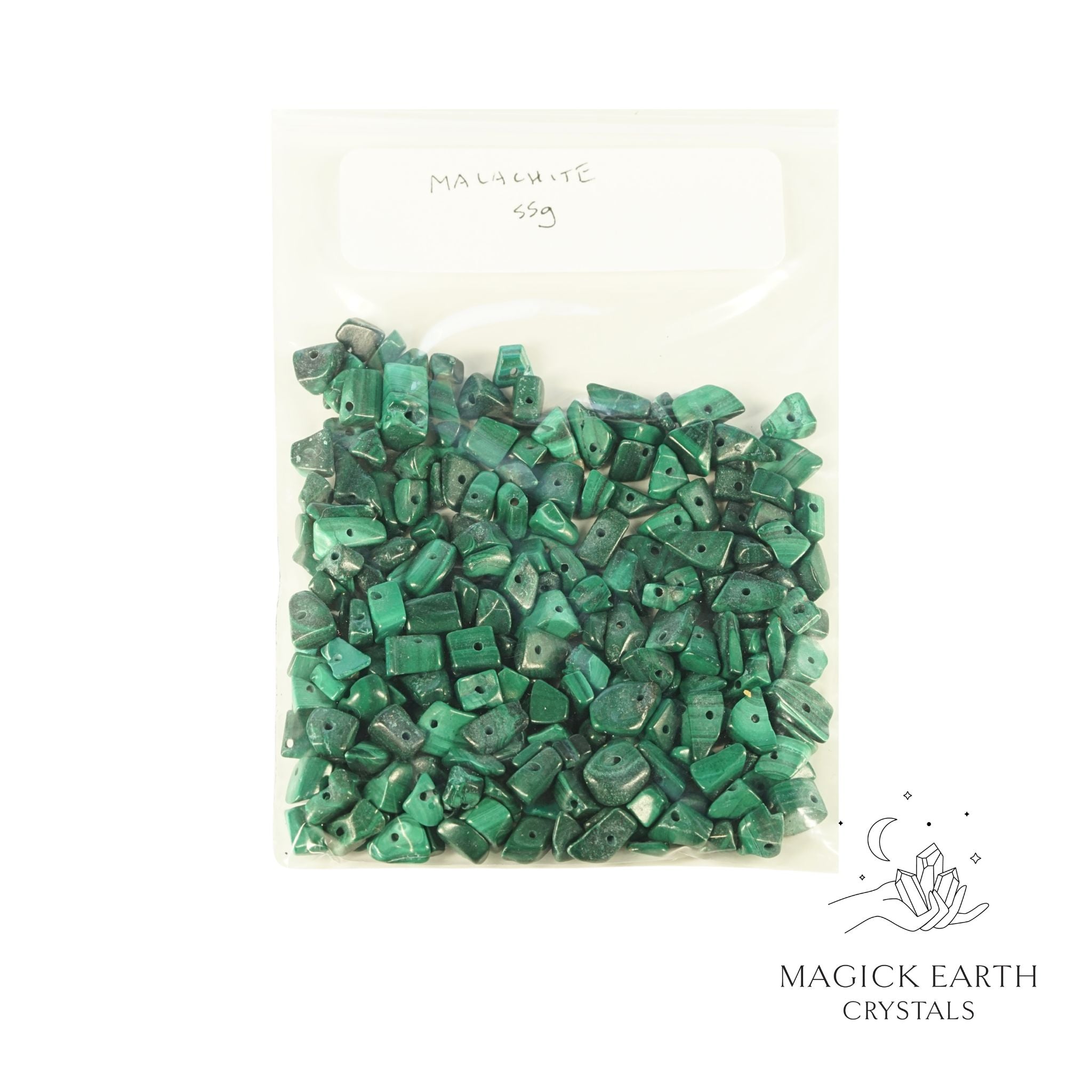 Natural Malachite drilled crystal chips 55g bag