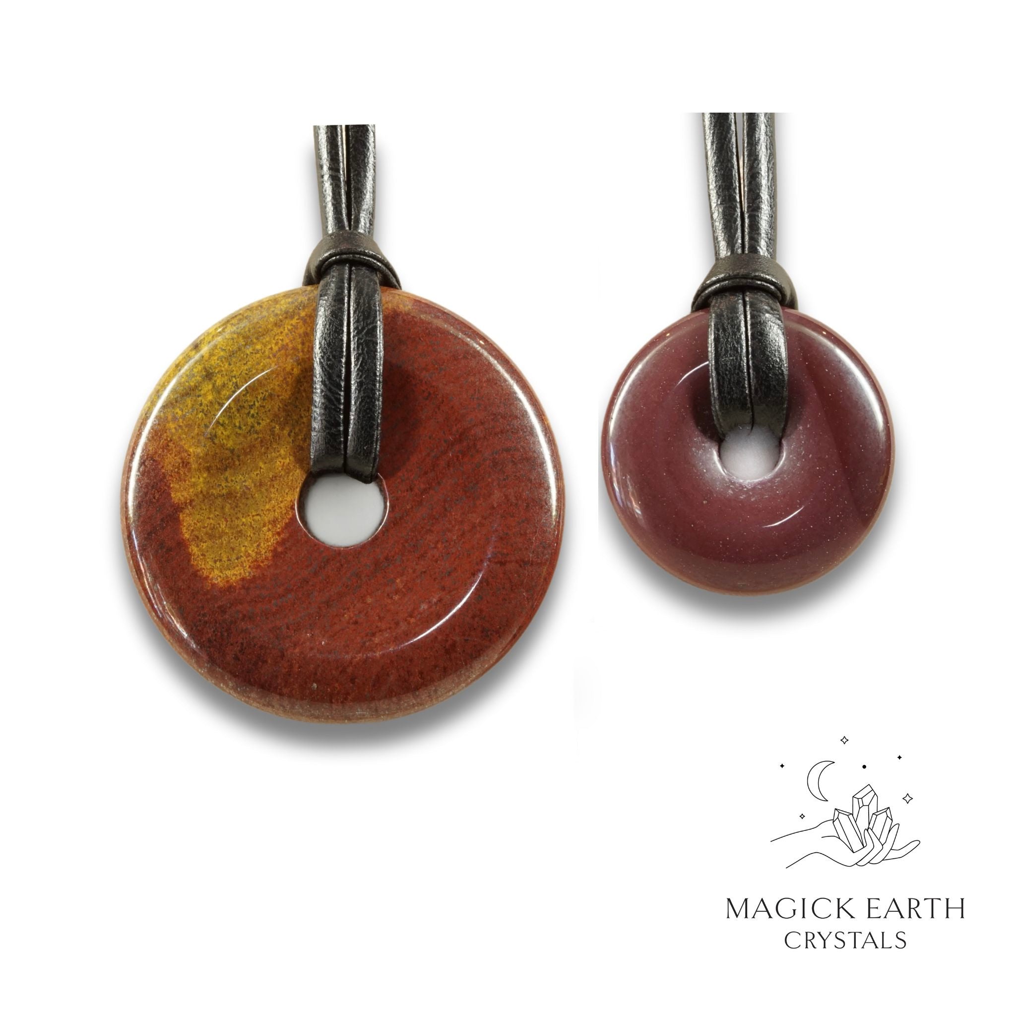 Natural mookaite jasper donut pendants in two sizes hanging from black vegan cords arranged left to right from large to small