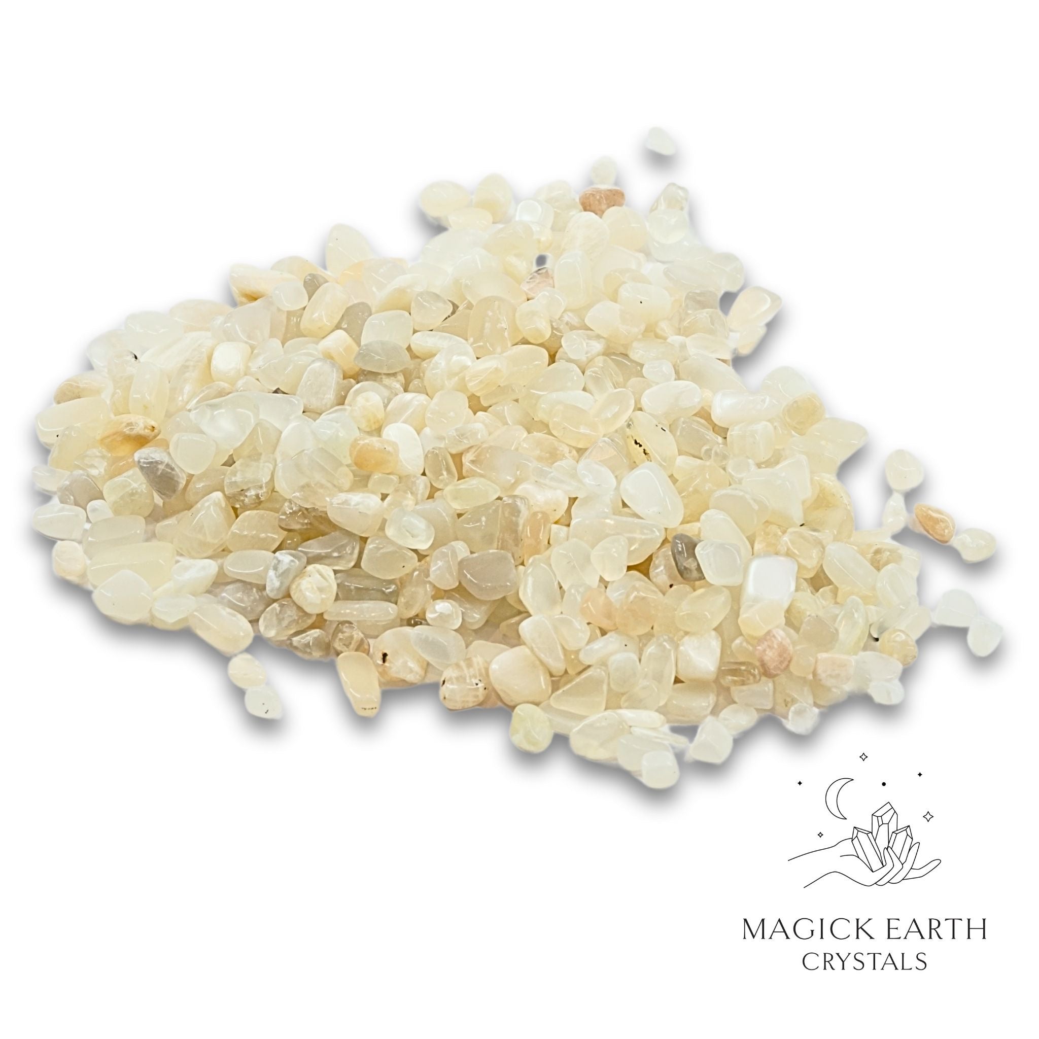 Natural medium Moonstone Crystal Chips, 100g loose pile.  