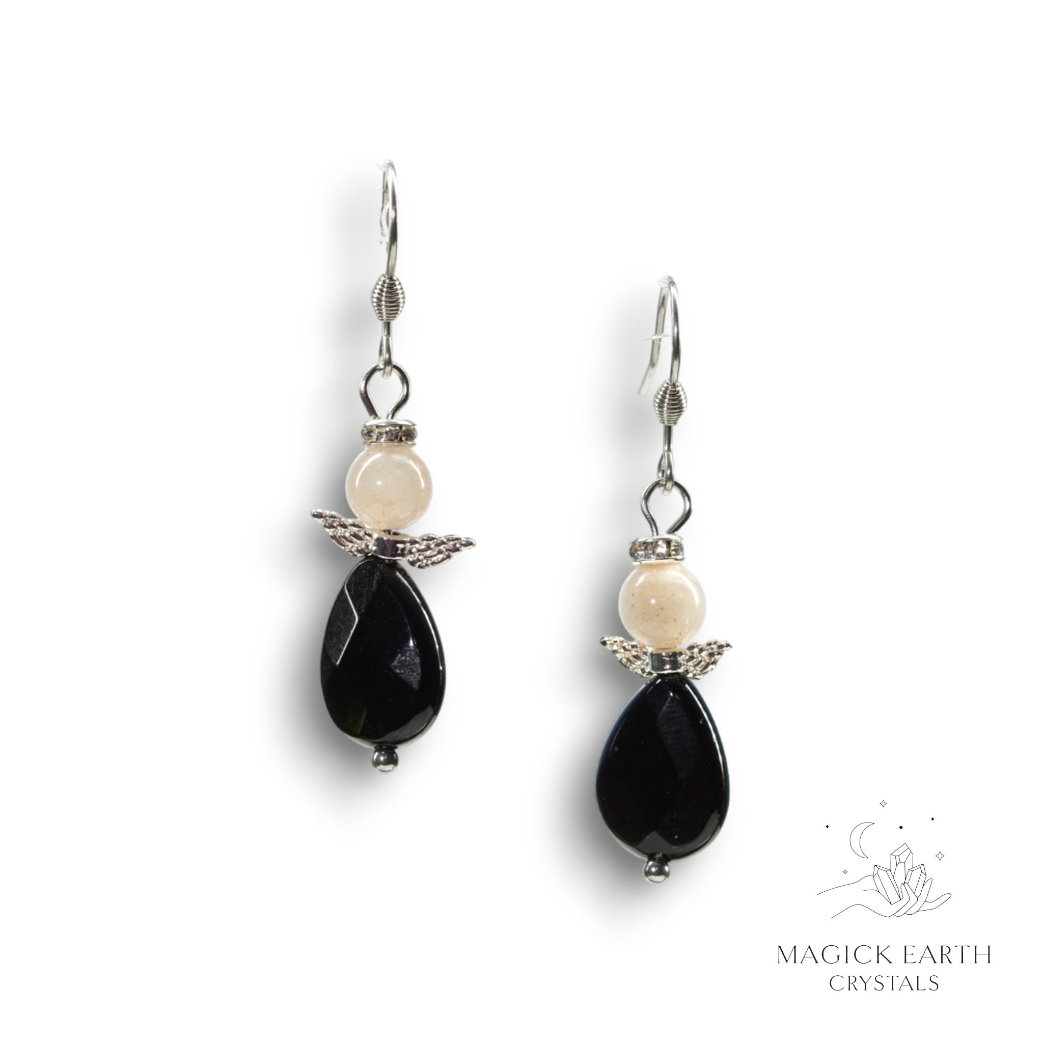Natural Moonstone and Onyx guardian angel crystal earrings view b