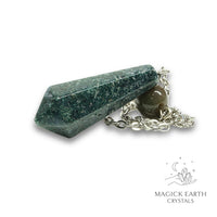 Natural Moss Agate crystal bullet pendulum view a