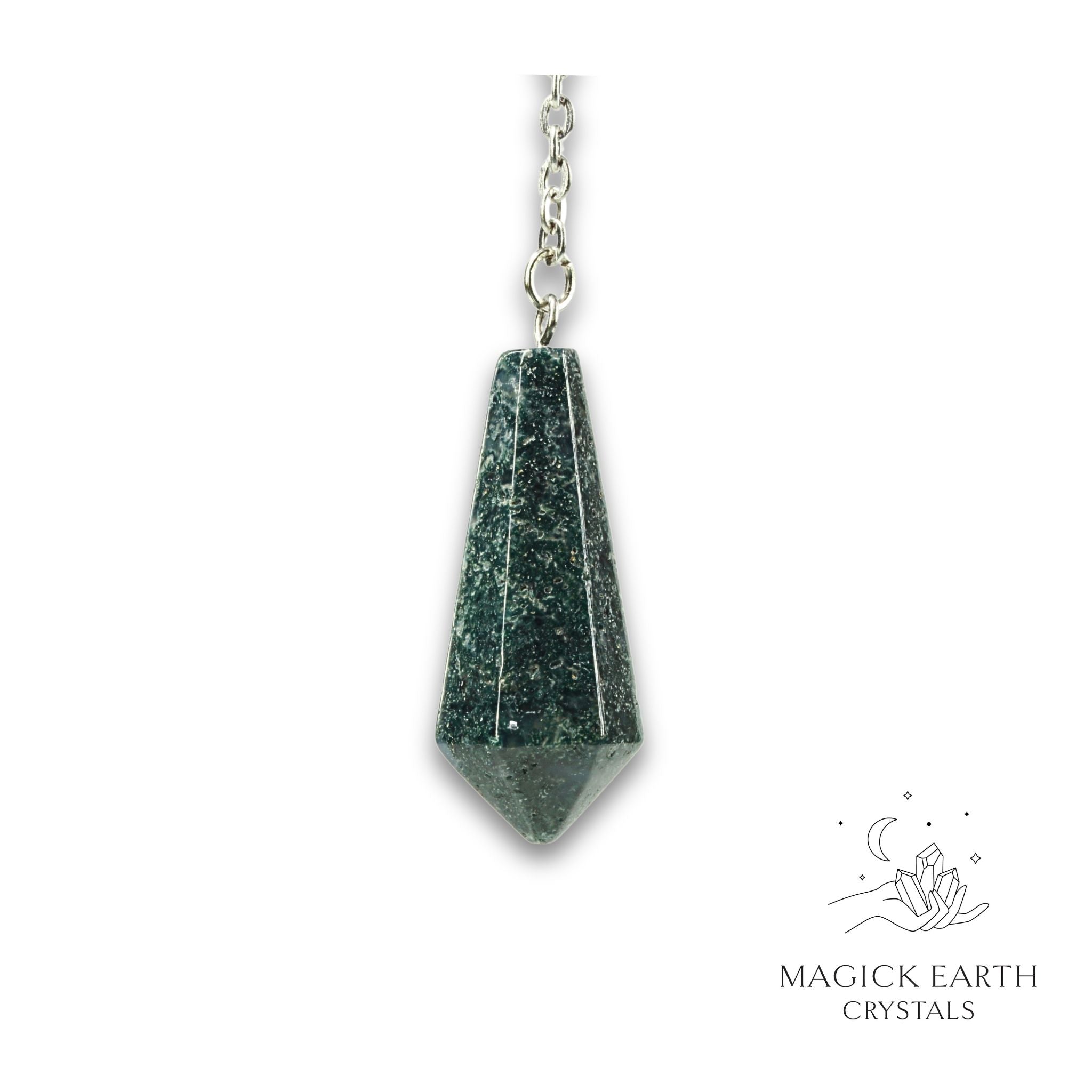 Natural Moss Agate crystal bullet pendulum view b