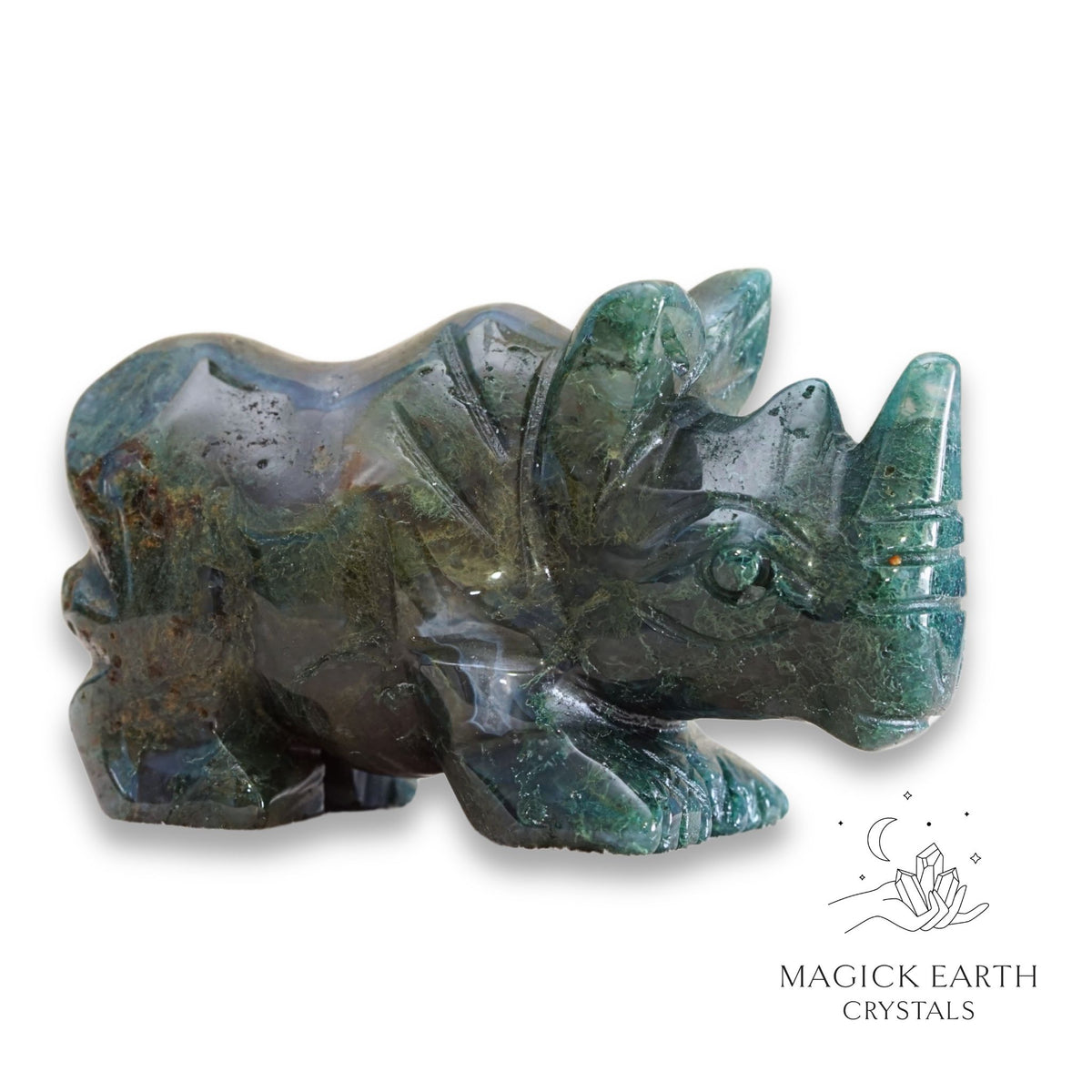 Natural Moss Agate crystal rhinoceros figurine view a