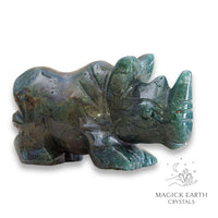 Natural Moss Agate crystal rhinoceros figurine view a