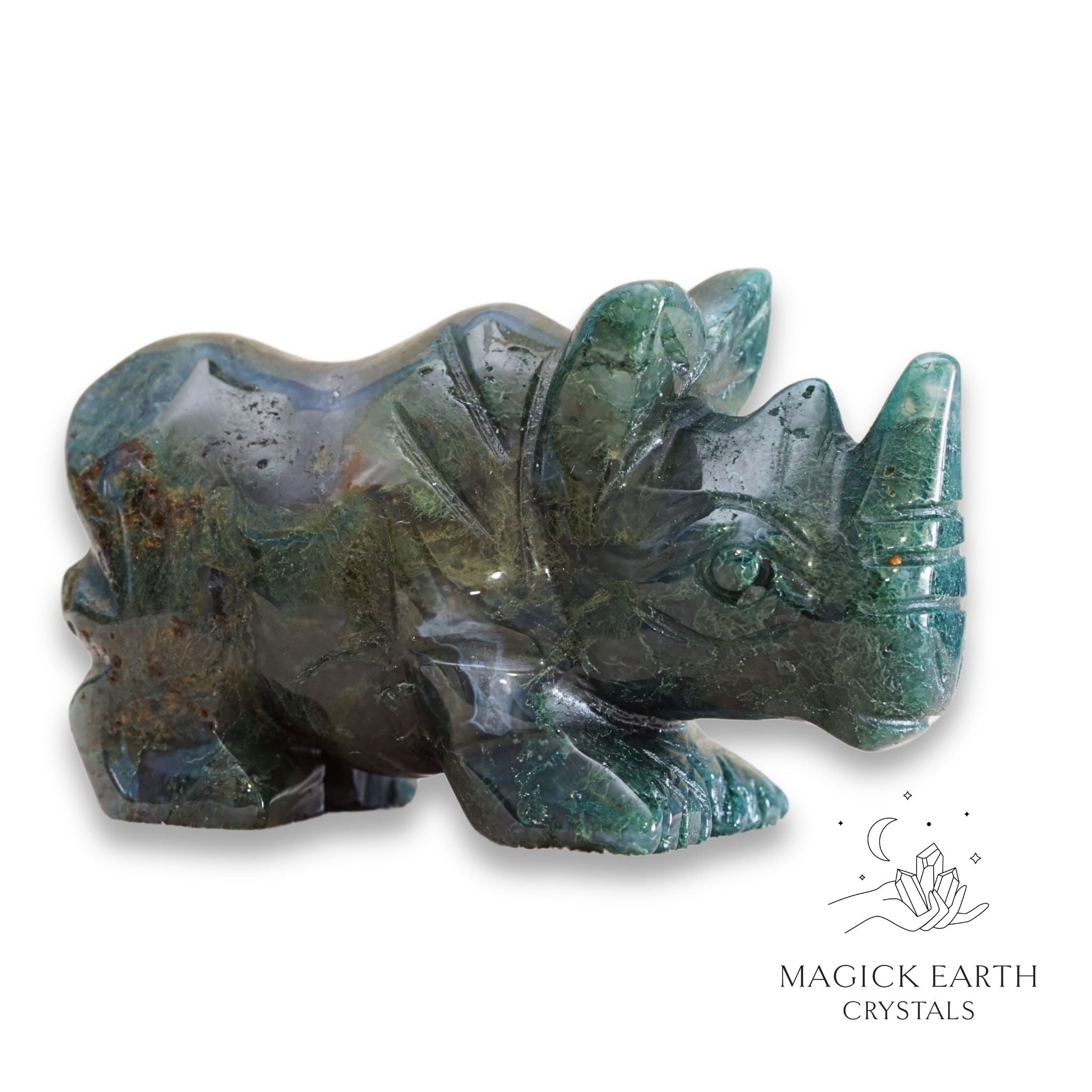Natural Moss Agate crystal rhinoceros figurine view a