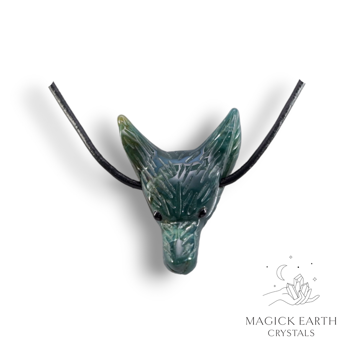 Natural Moss Agate crystal wolf head pendant view a
