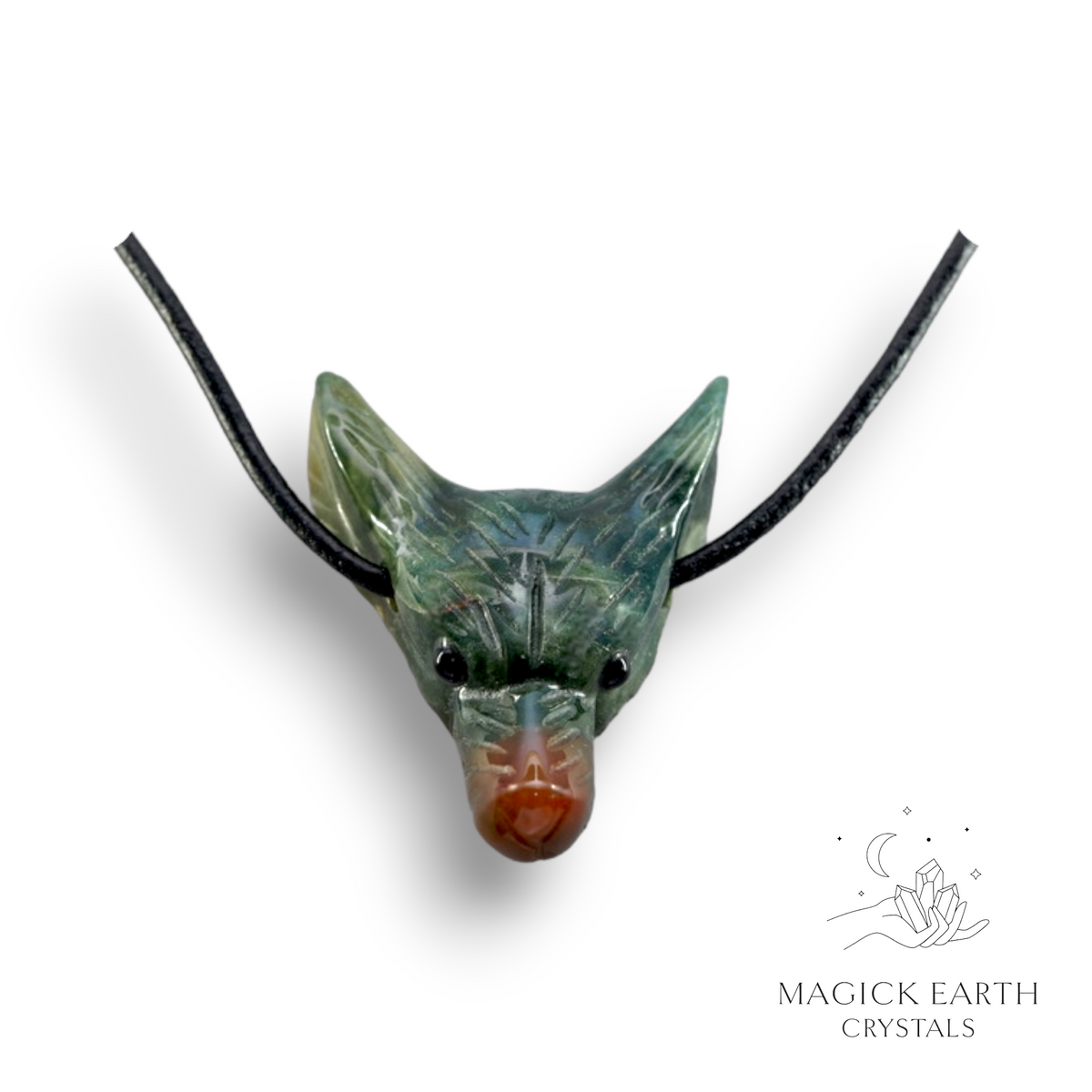 Natural Moss Agate crystal wolf head pendant view b
