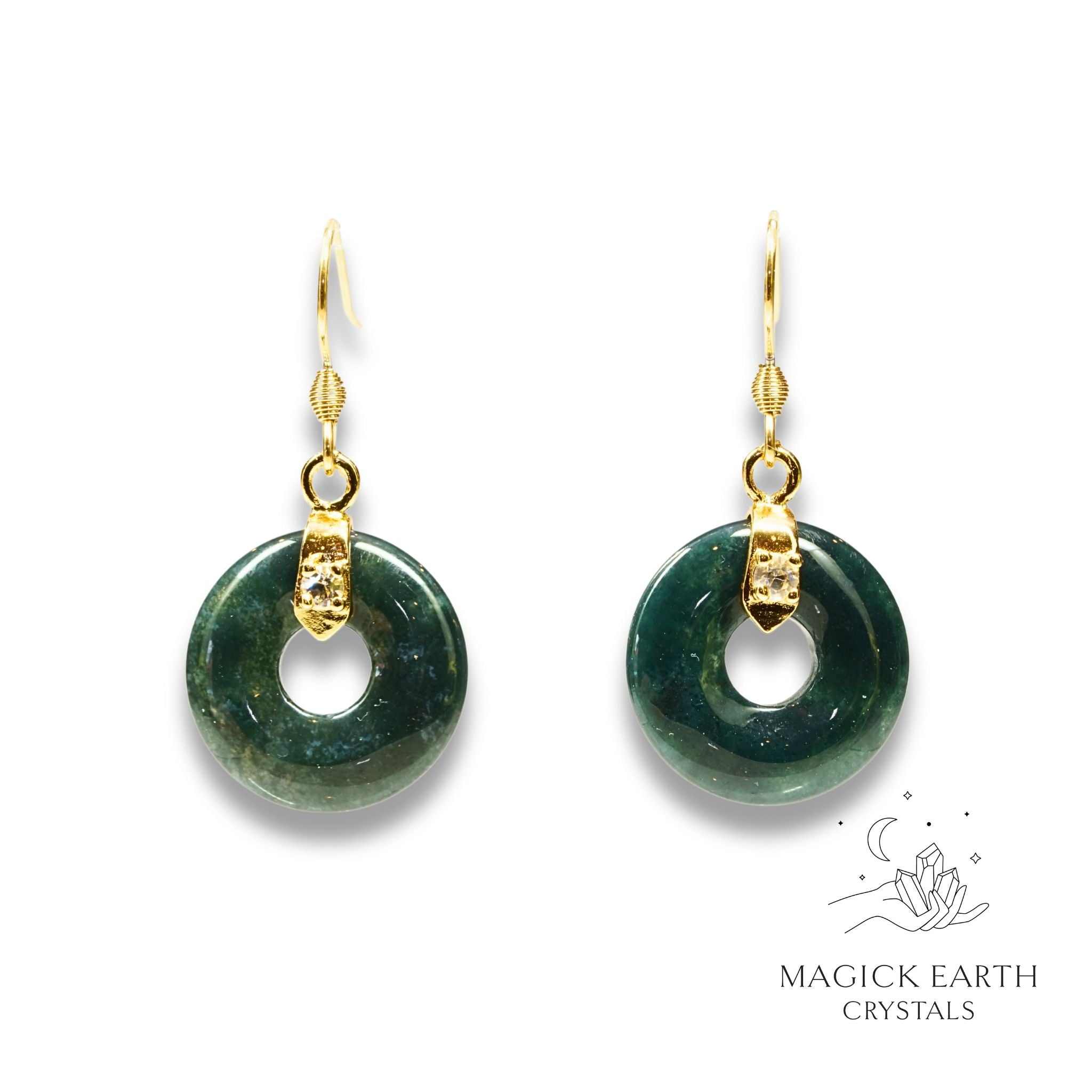 Moss Agate Donut Pi Earrings With Gold Finish For Wild Heart Grounding