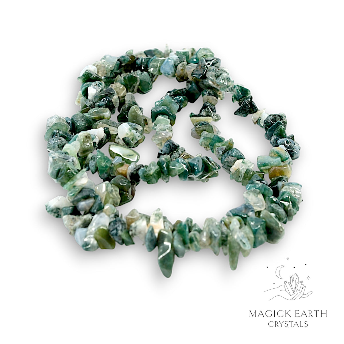 Natural Moss Agate drilled crystal chip strand view a