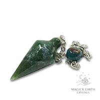 Natural Moss Agate spire crystal pendulum view a