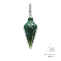 Natural Moss Agate spire crystal pendulum view b
