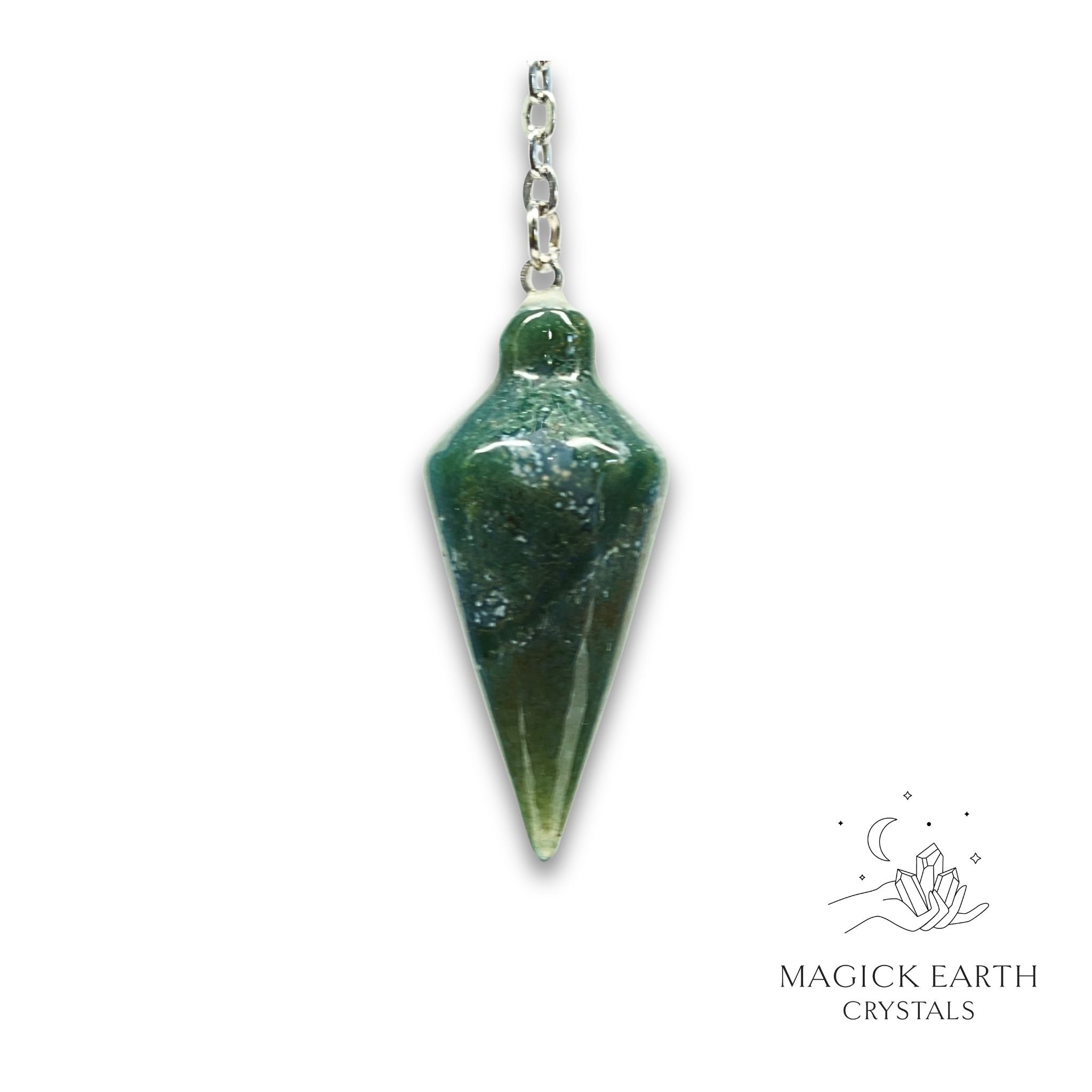 Natural Moss Agate spire crystal pendulum view b