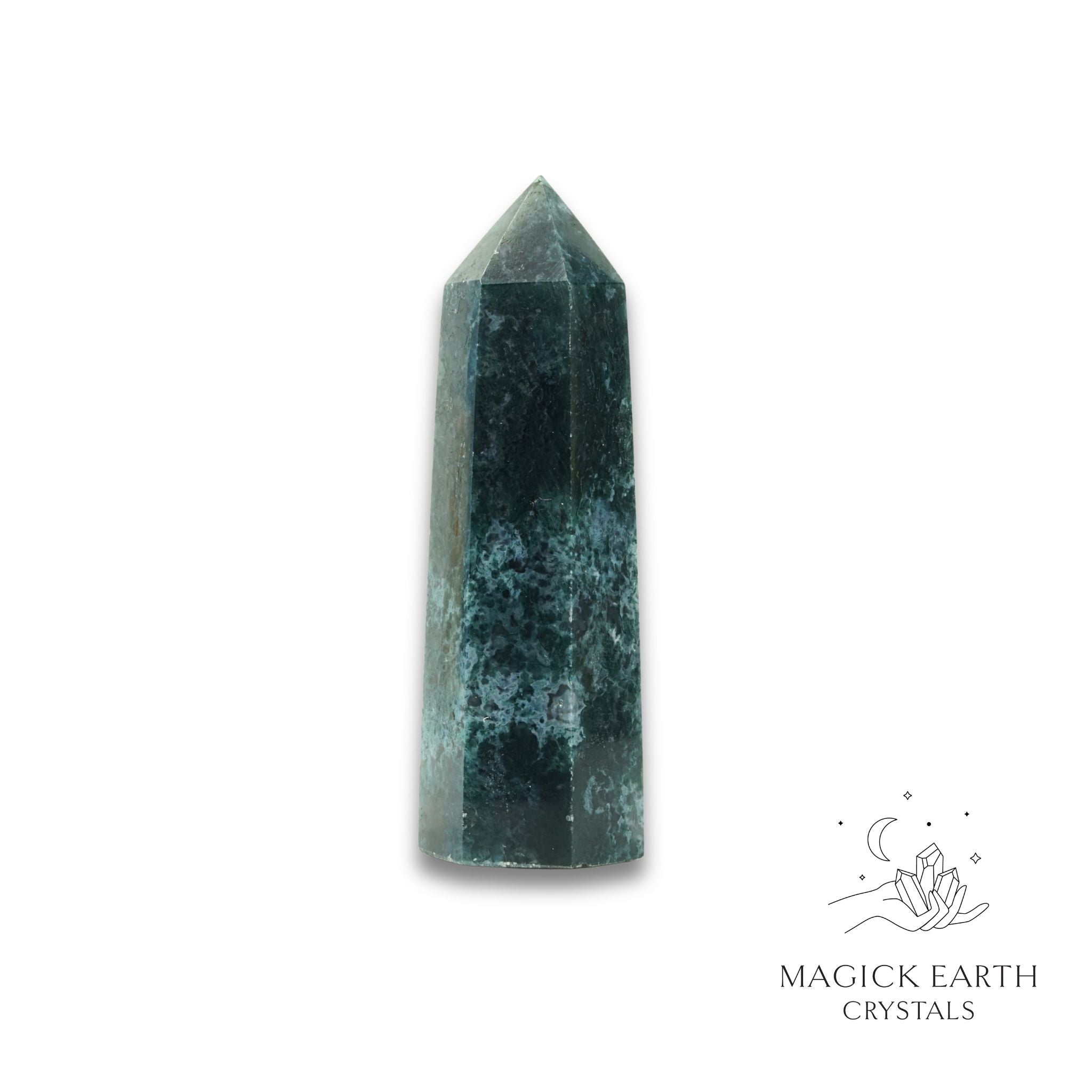 Natural Moss Agate crystal tower view a