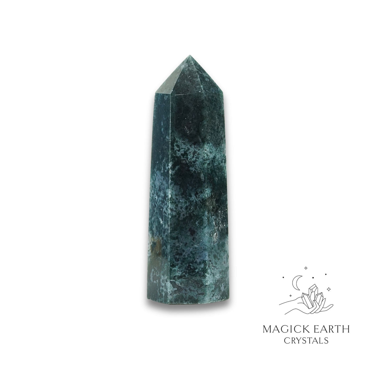 Natural Moss Agate crystal tower view b