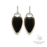 Natural Obsidian charmed heart crystal earrings with decorative gold edging view a