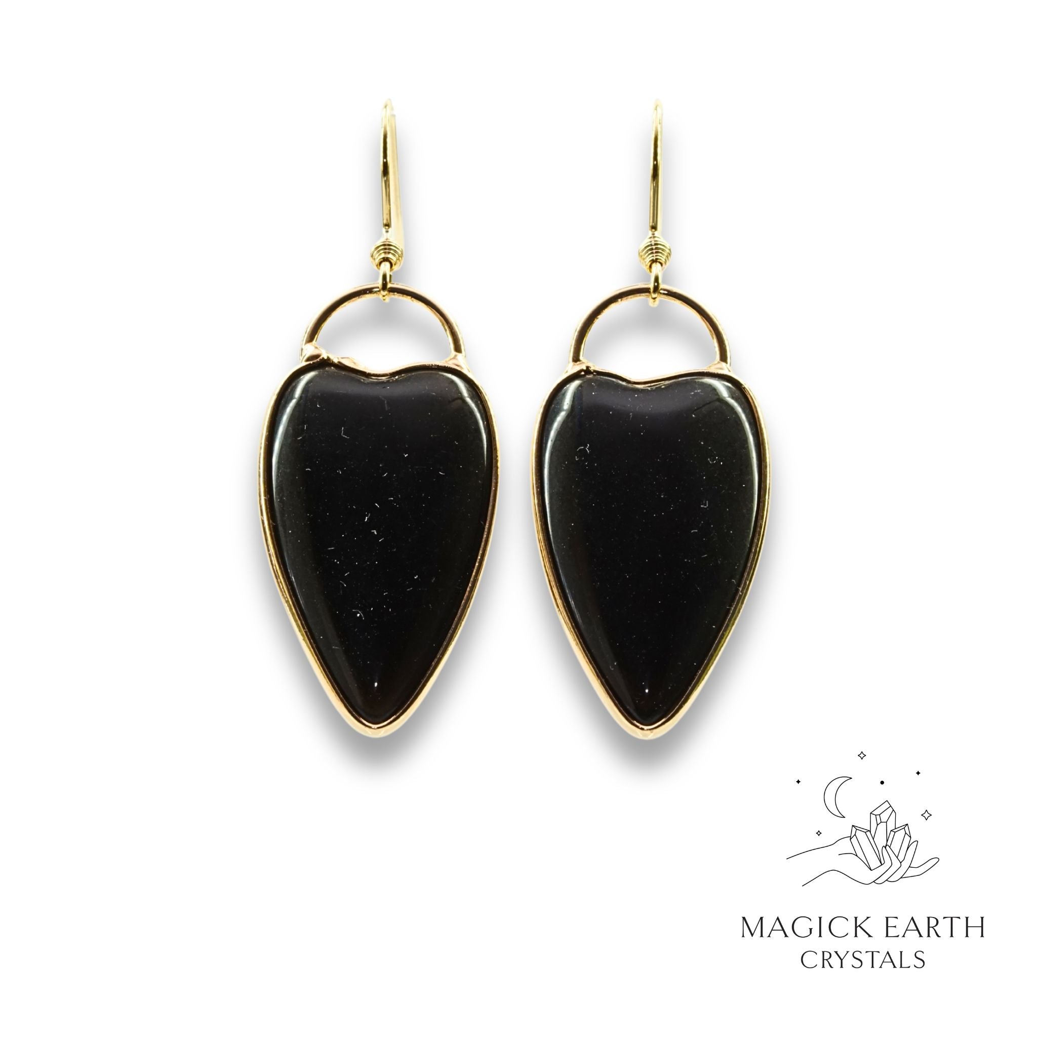 Natural Obsidian charmed heart crystal earrings with decorative gold edging view a