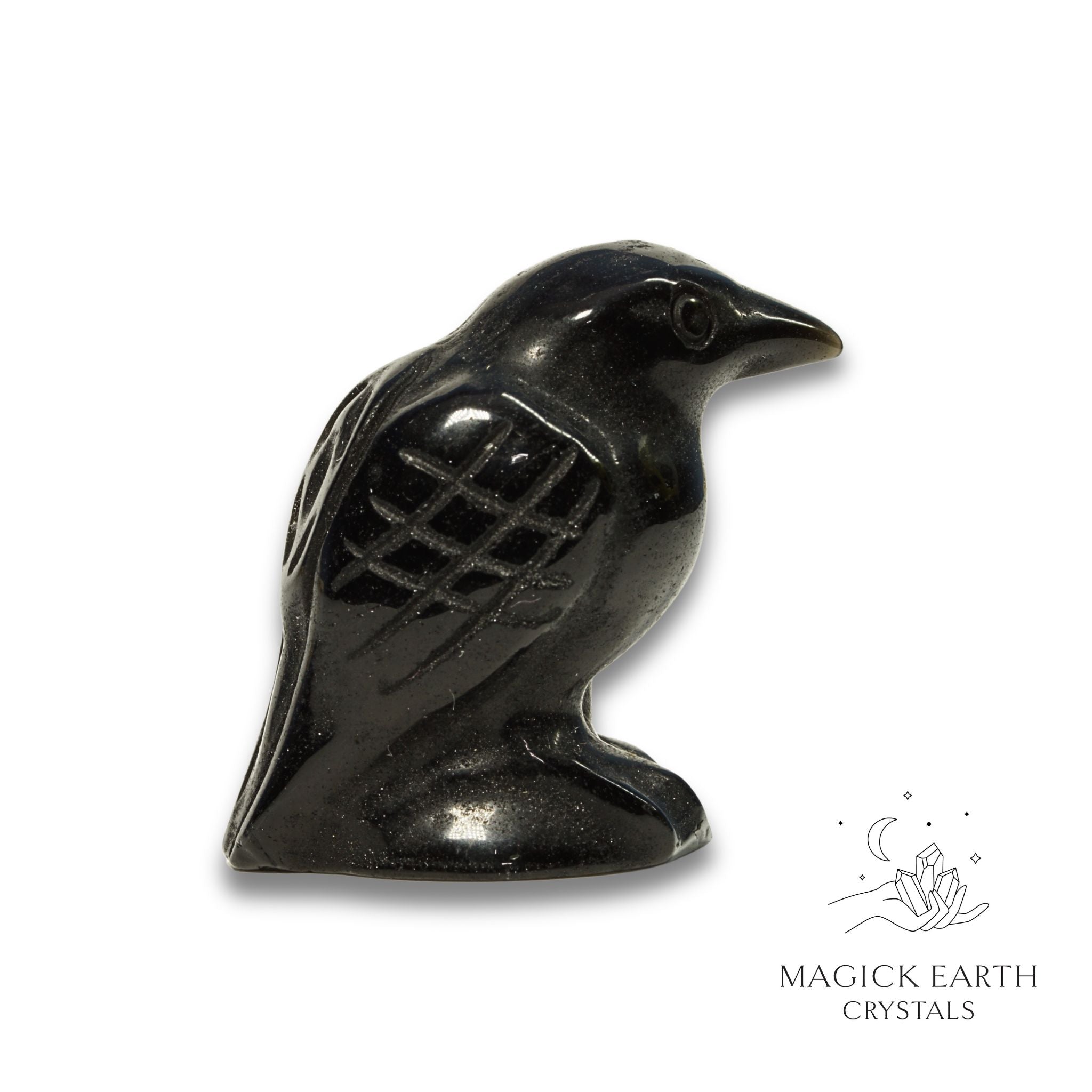 Natural Obsidian crow figurine view a